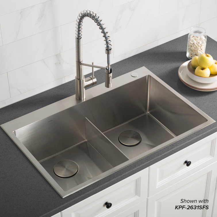 Kraus 33" Satin Stainless Steel Double Bowl Drop-In Kitchen Sink