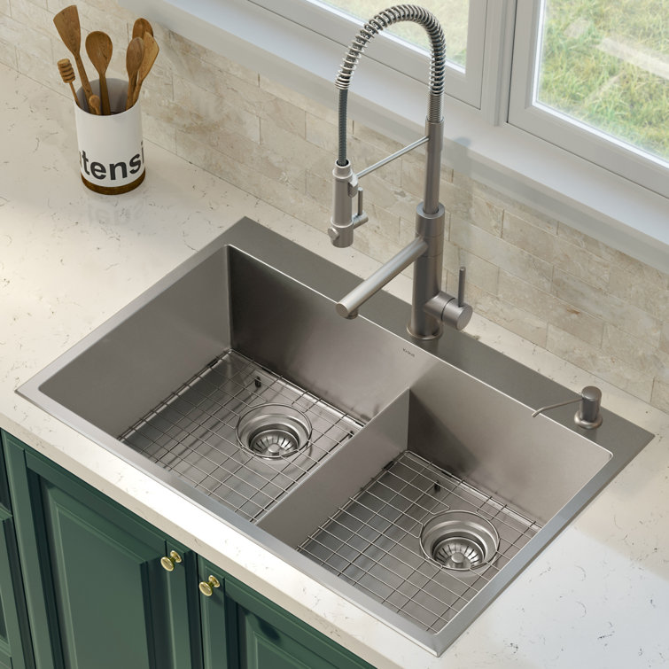Kraus 33" Satin Stainless Steel Double Bowl Drop-In Kitchen Sink