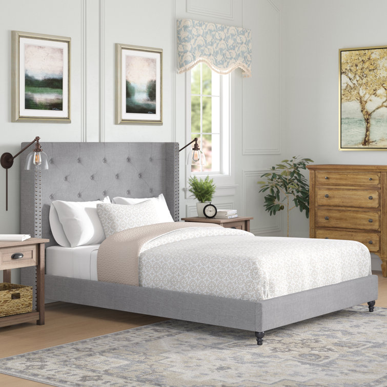 Valentina Gray Linen Upholstered Wingback Full Bed with Nailhead Trim