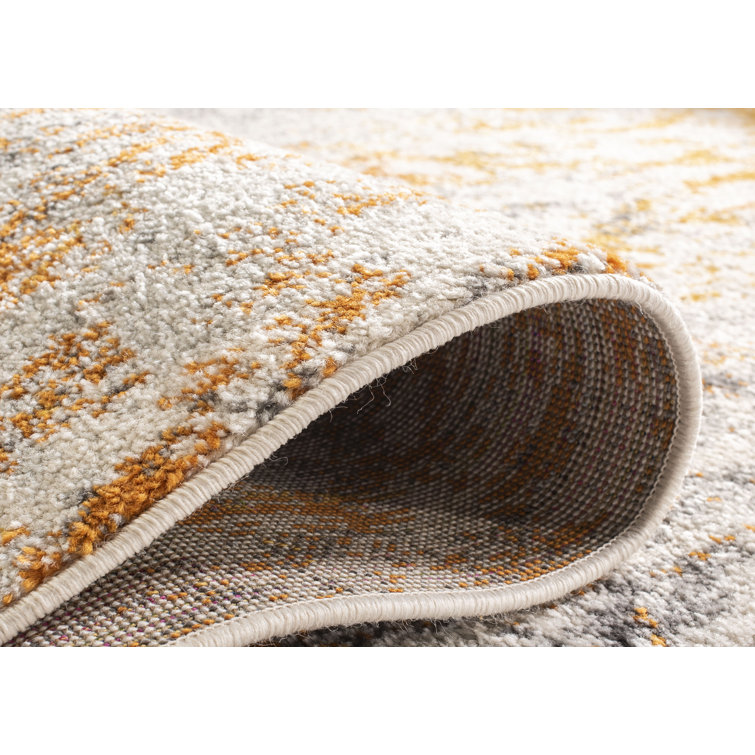 Ivory and Orange Damask Low Pile Runner Rug