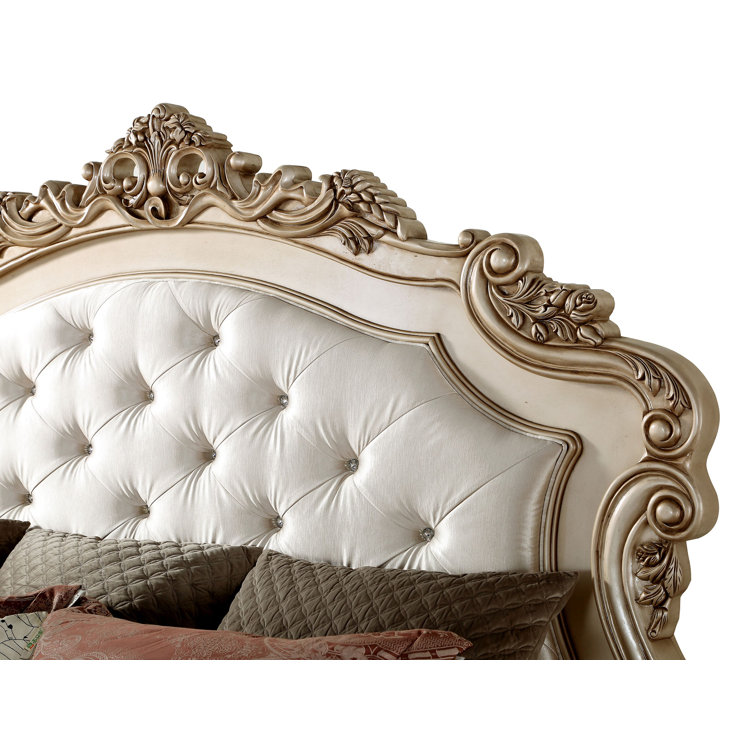 King Cream Upholstered Wood Panel Bed with Tufted Headboard