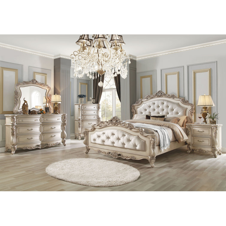 King Cream Upholstered Wood Panel Bed with Tufted Headboard