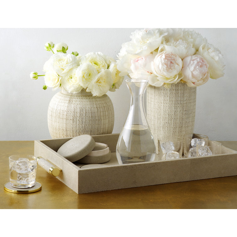 Dove Shagreen Leather Decorative Serving Tray with Gold Handles