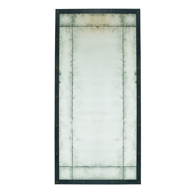 Aged Grey Rectangular Industrial Mirror with Brass Accents