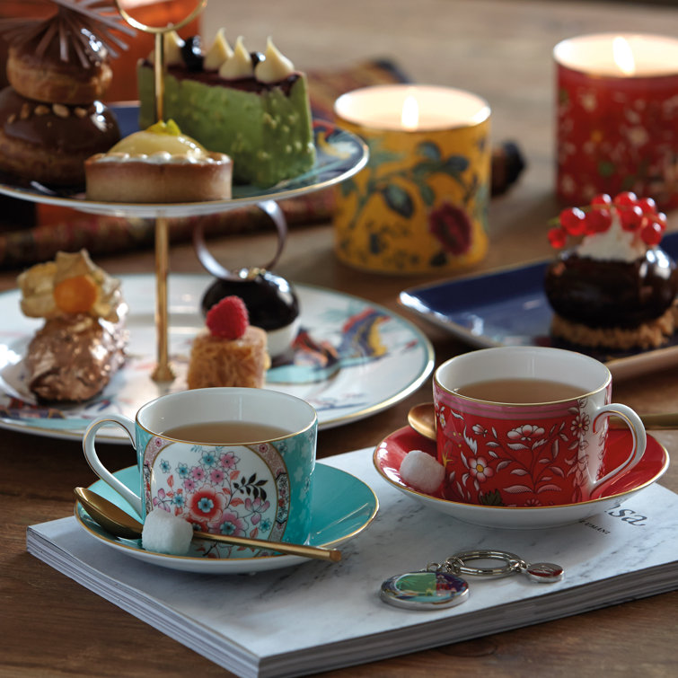 Wonderlust Multi-Color Bone China Teacup and Saucer Set