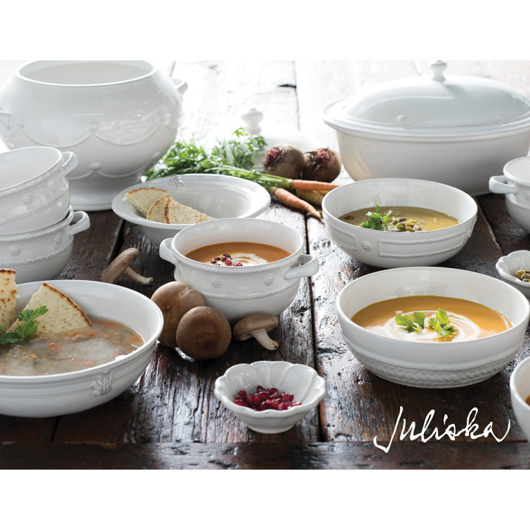 White Embossed Ceramic Handled Soup Bowl