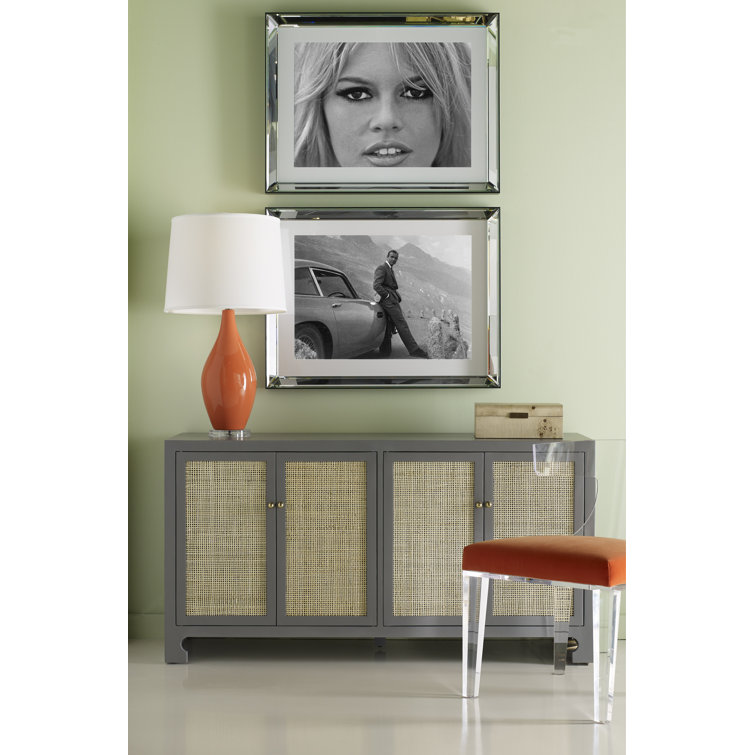 Sofia 58'' Gray Lacquer Pine Wood & Cane Sideboard with Adjustable Shelving