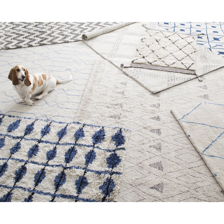 Indigo Ivory Geometric Hand-Knotted Wool Blend Rug