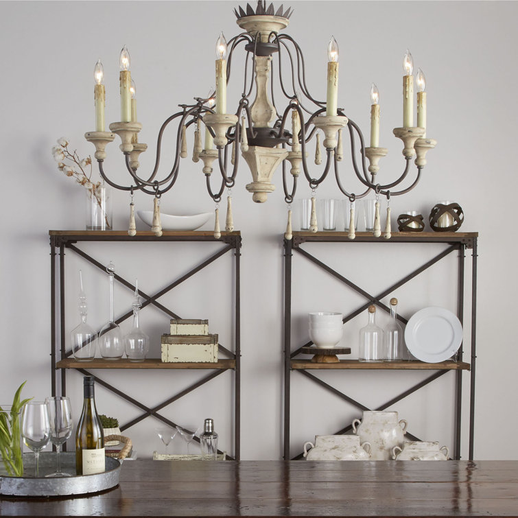 Antique Bronze and Distressed White 10-Light Candle Chandelier