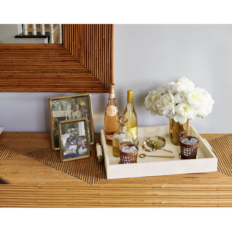 Dove Shagreen Leather Decorative Serving Tray with Gold Handles