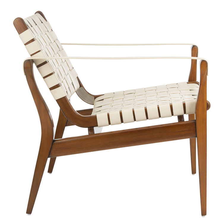 Cream and Mahogany Woven Leather Safari Accent Chair