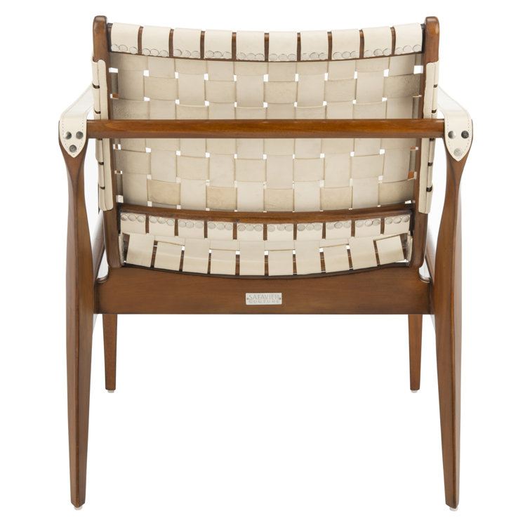 Cream and Mahogany Woven Leather Safari Accent Chair