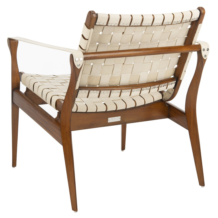 Cream and Mahogany Woven Leather Safari Accent Chair