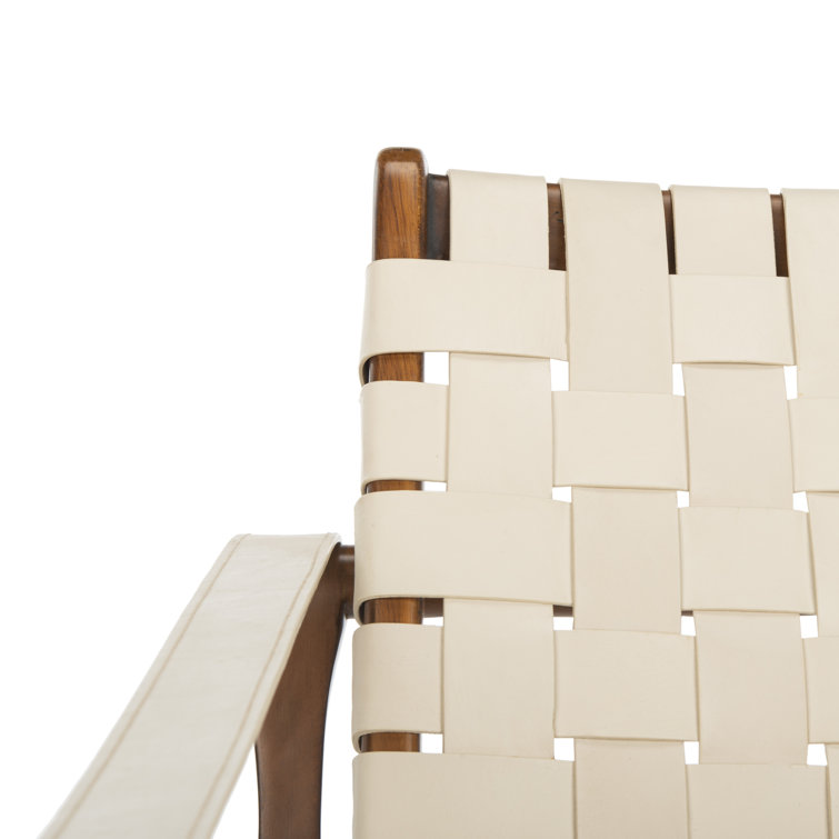 Cream and Mahogany Woven Leather Safari Accent Chair