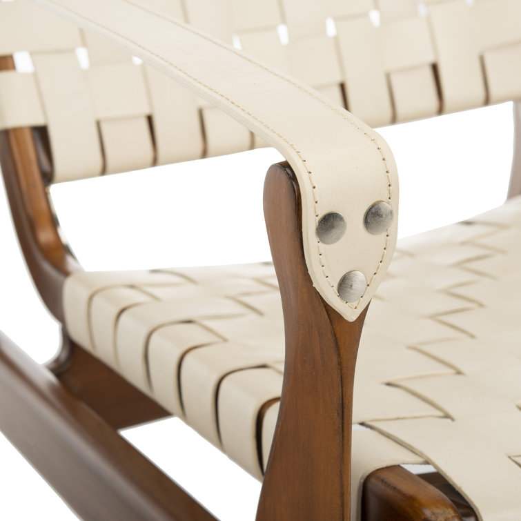 Cream and Mahogany Woven Leather Safari Accent Chair