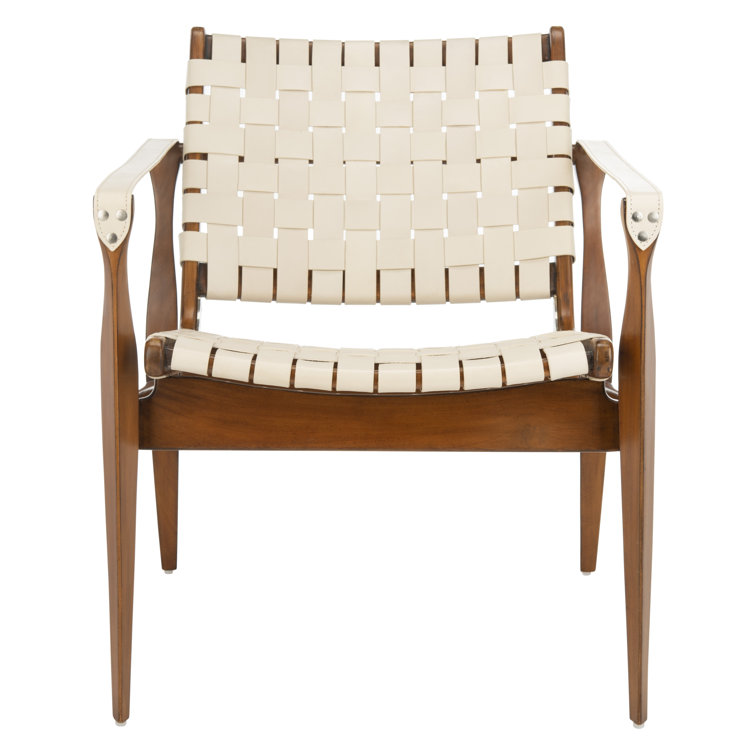 Cream and Mahogany Woven Leather Safari Accent Chair