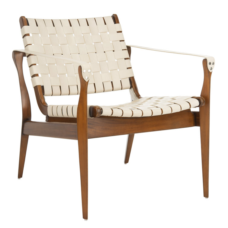 Cream and Mahogany Woven Leather Safari Accent Chair