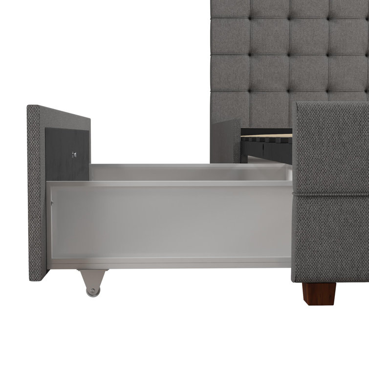 King-Size Gray Linen Upholstered Storage Bed with Tufted Design & 4 Drawers