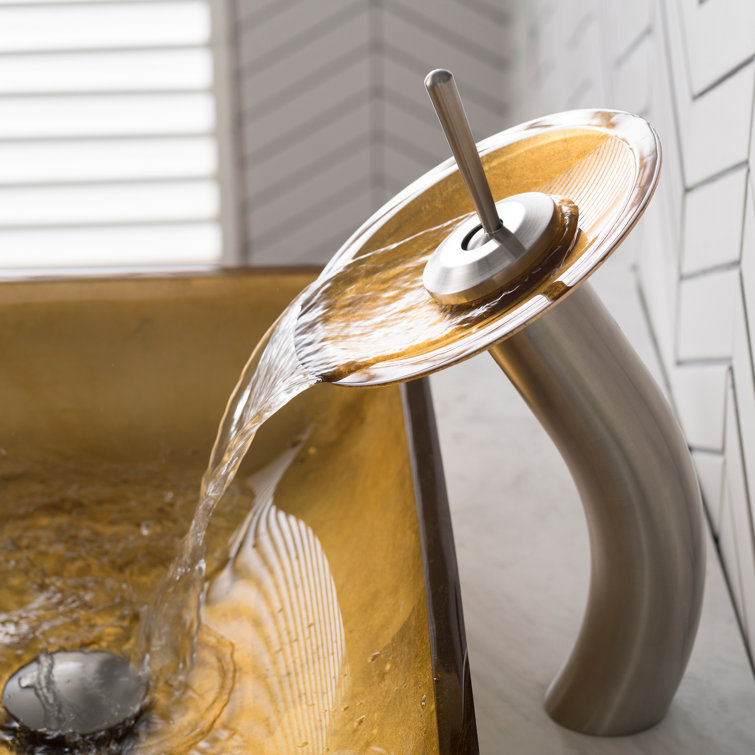 Golden Pearl Rectangular Glass Vessel Sink with Satin Nickel Faucet