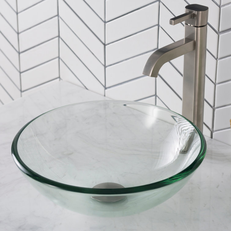 Frosted Glass Circular Vessel Sink with Satin Nickel Faucet