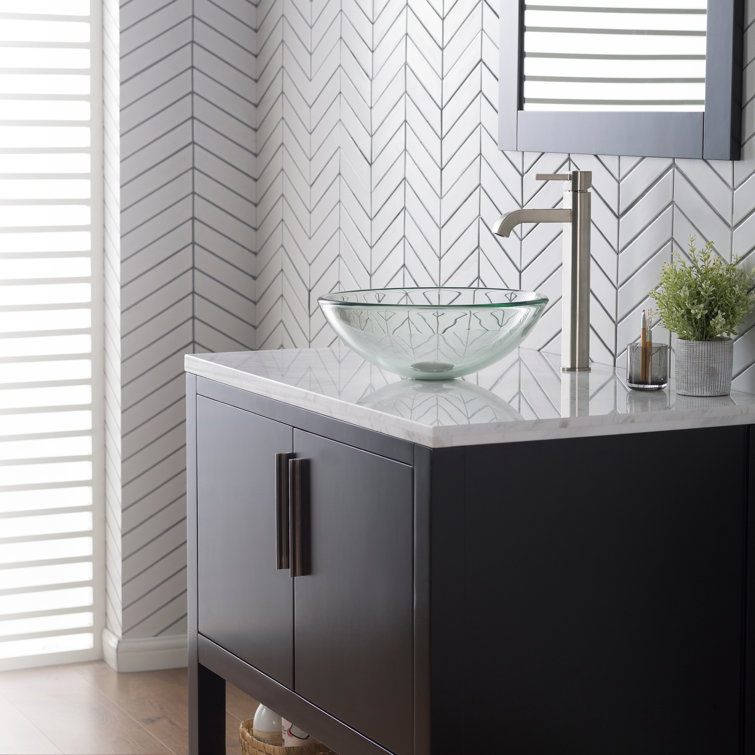 Frosted Glass Circular Vessel Sink with Satin Nickel Faucet