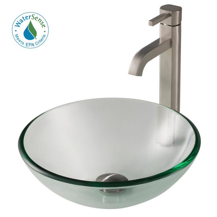 Frosted Glass Circular Vessel Sink with Satin Nickel Faucet