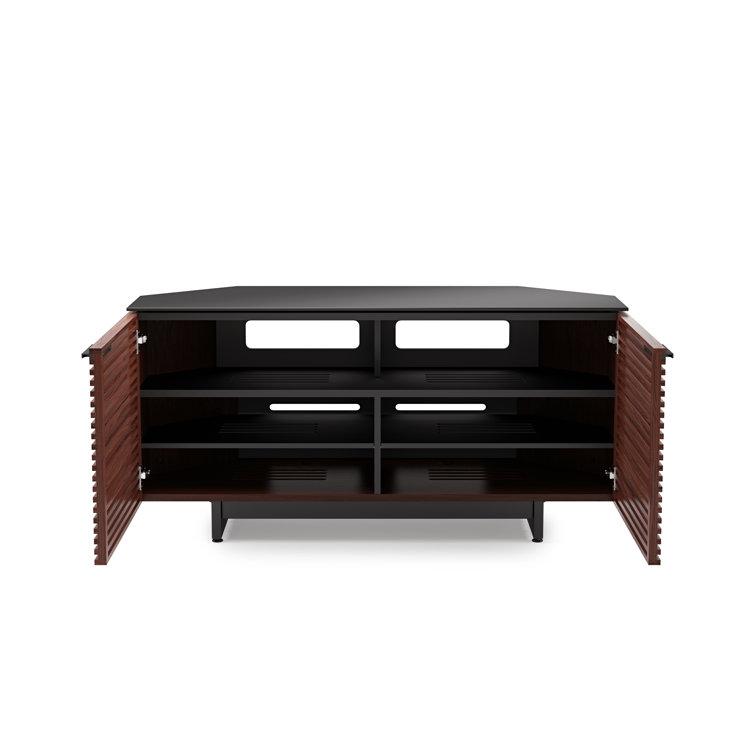 Chocolate Stained Walnut Corner Media Cabinet with Glass Top