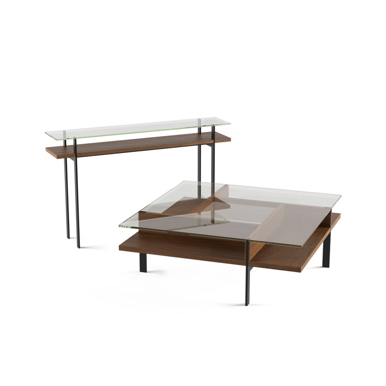 Natural Walnut Glass Top Console Table with Storage