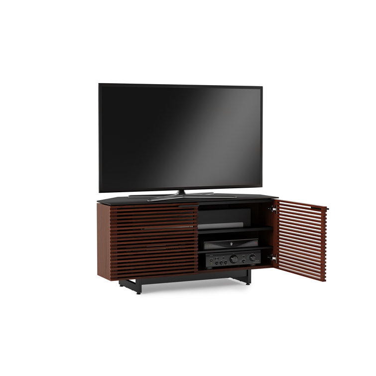 Chocolate Stained Walnut Corner Media Cabinet with Glass Top