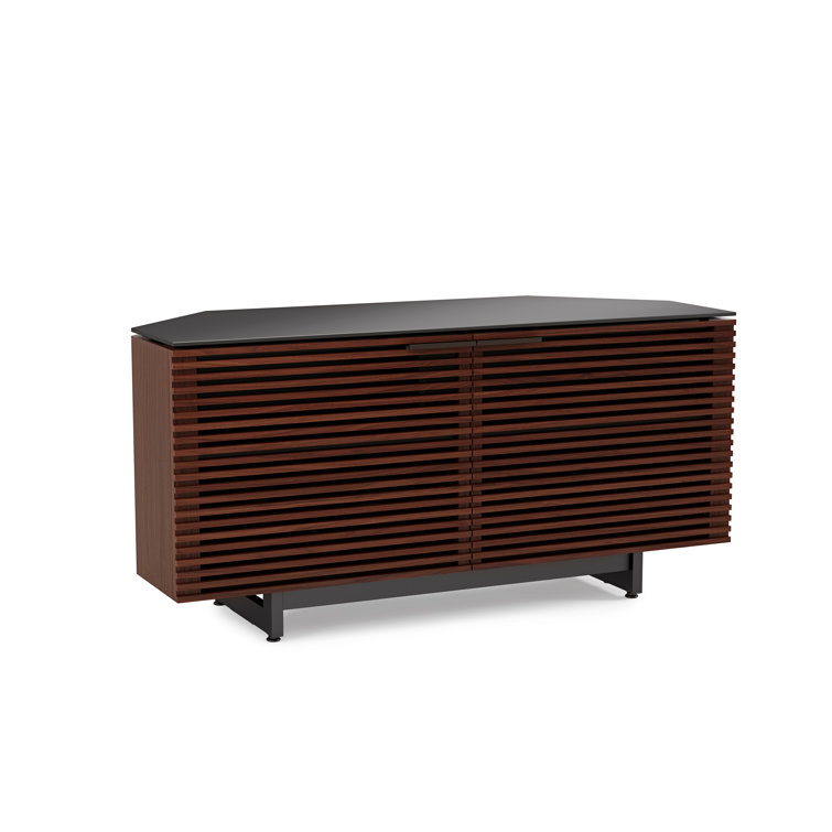 Chocolate Stained Walnut Corner Media Cabinet with Glass Top