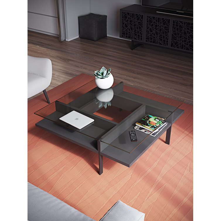 Charcoal Square Glass Top Coffee Table with Metal Base