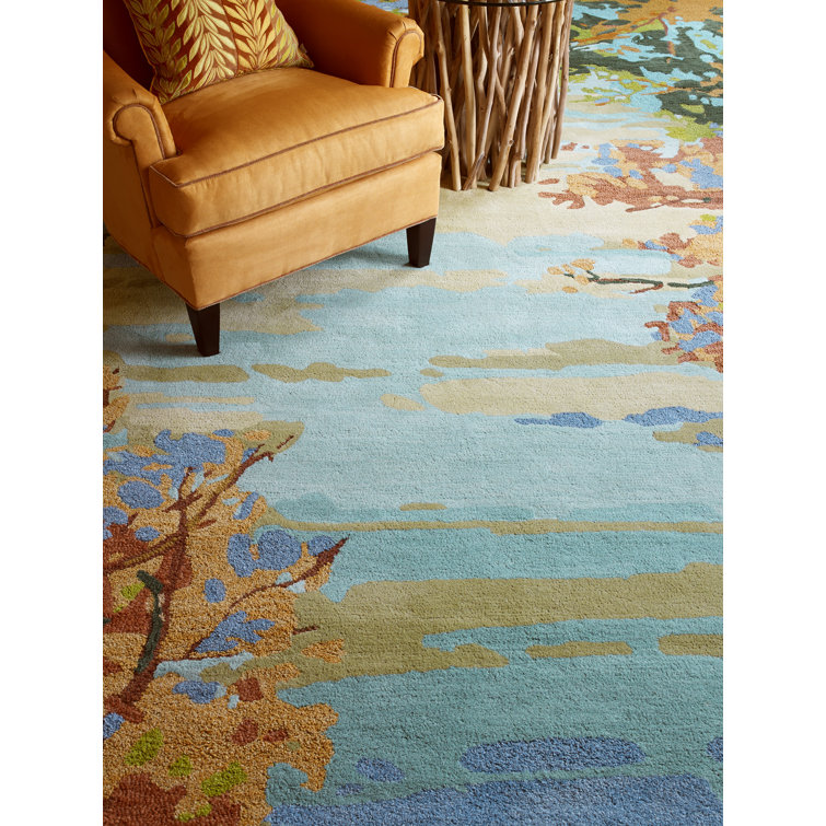 Handmade Blue and Green Wool Landscape Area Rug 5' x 8'