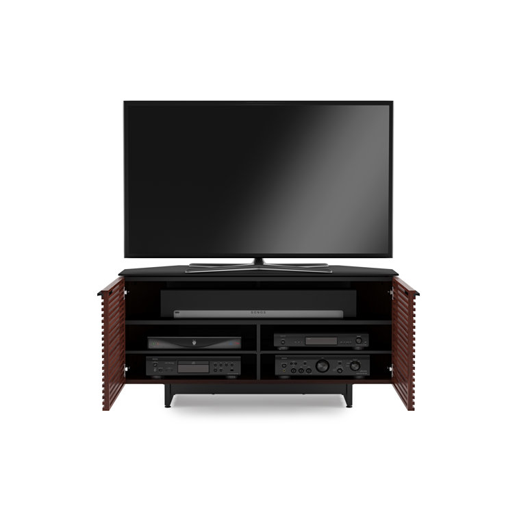 Chocolate Stained Walnut Corner Media Cabinet with Glass Top