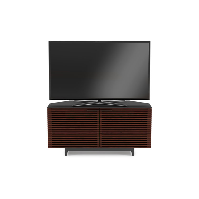 Chocolate Stained Walnut Corner Media Cabinet with Glass Top