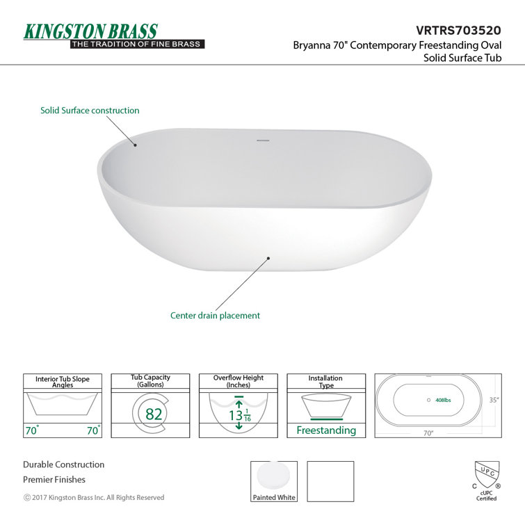 Matte White 70-Inch Oval Freestanding Acrylic Bathtub