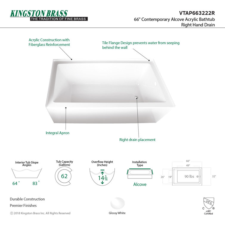 Aqua Eden 66-Inch White Acrylic Alcove Tub with Right Drain