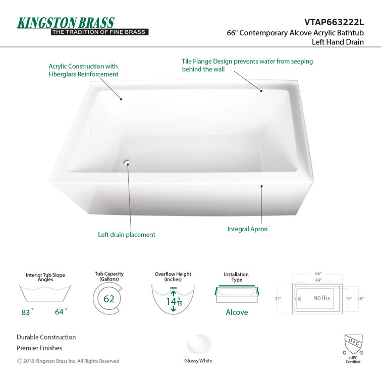 Aqua Eden 66-Inch White Acrylic Alcove Tub