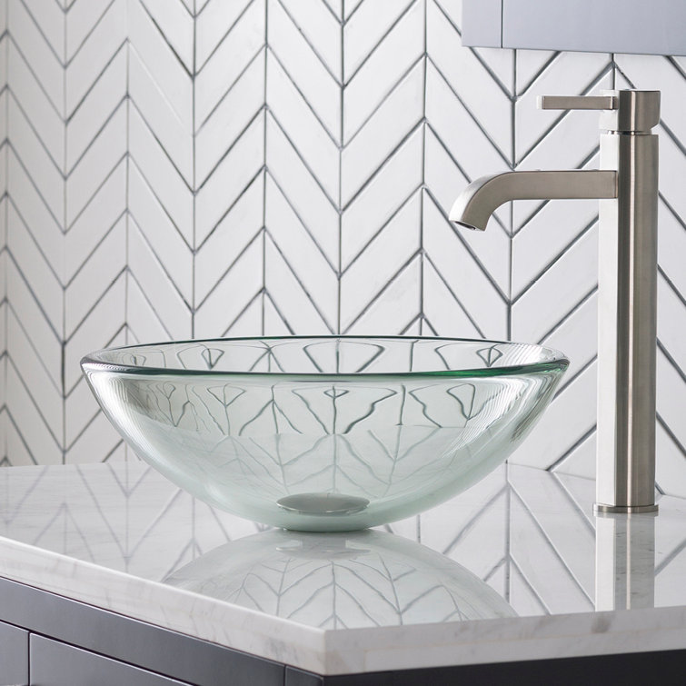Frosted Glass Circular Vessel Sink with Satin Nickel Faucet