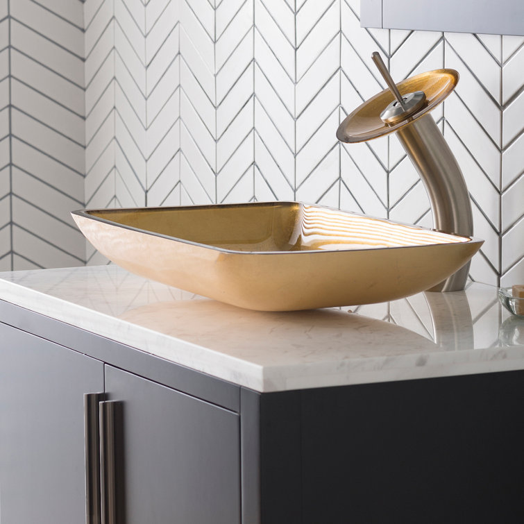 Golden Pearl Rectangular Glass Vessel Sink with Satin Nickel Faucet