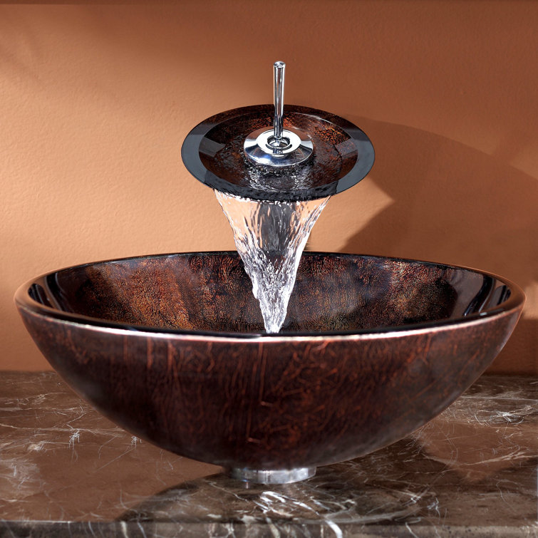 16.5" Brown Glass Vessel Sink with Chrome Faucet