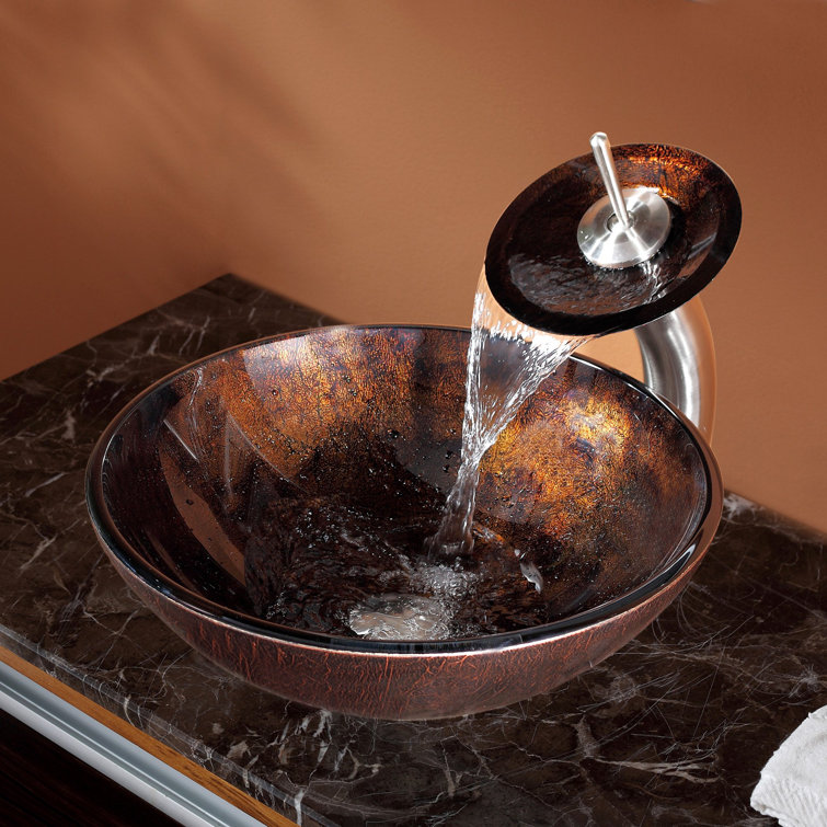 Dark Brown Glass Circular Vessel Sink with Satin Nickel Faucet