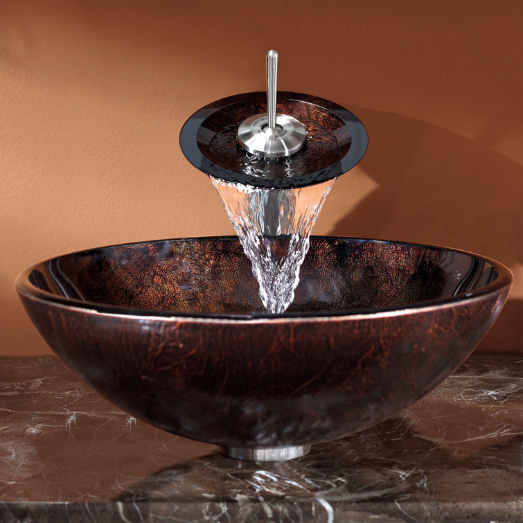 Dark Brown Glass Circular Vessel Sink with Satin Nickel Faucet