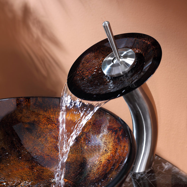 Dark Brown Glass Circular Vessel Sink with Satin Nickel Faucet