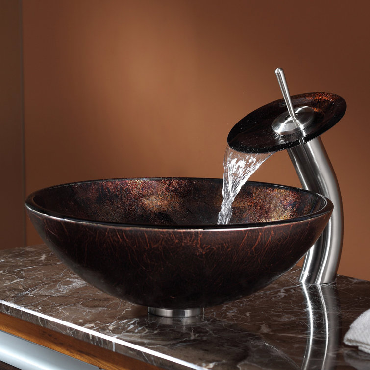 Dark Brown Glass Circular Vessel Sink with Satin Nickel Faucet