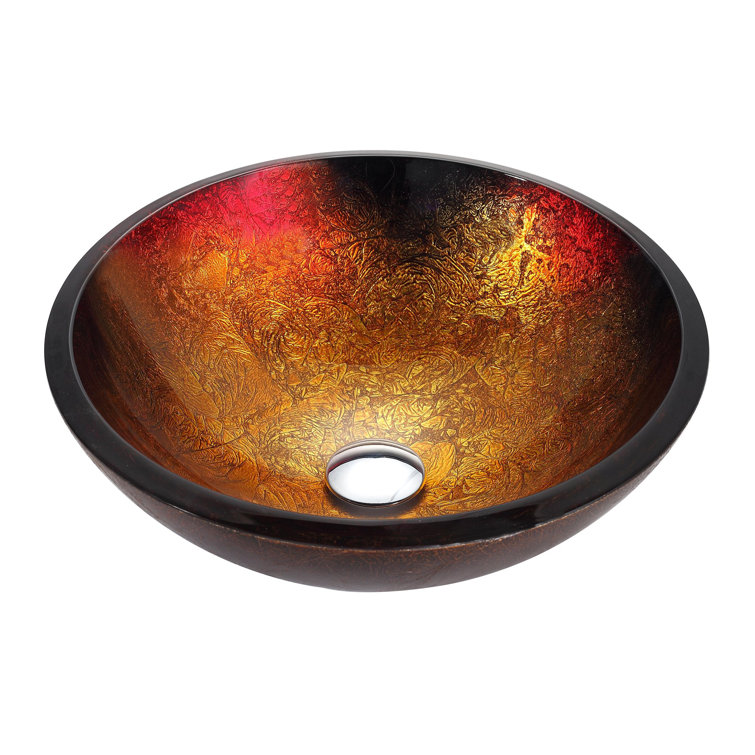 Red and Gold Glass Circular Vessel Bathroom Sink, 17 inch