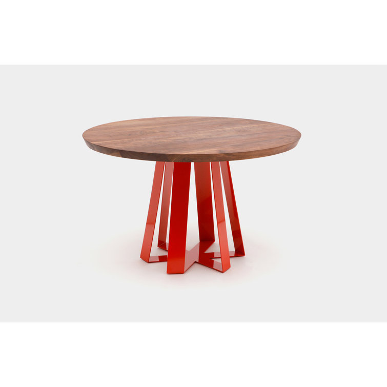 Modern Round Walnut Dining Table with Hexagon Steel Base