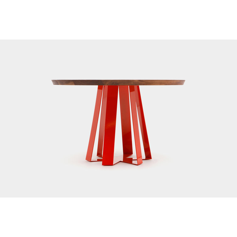 Modern Round Walnut Dining Table with Hexagon Steel Base