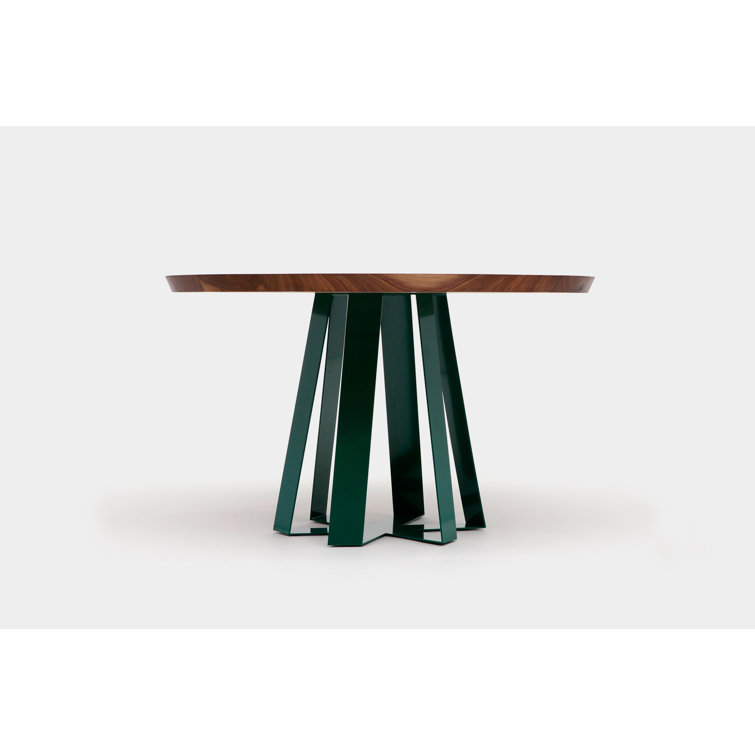 Modern Round Walnut Dining Table with Hexagon Steel Base