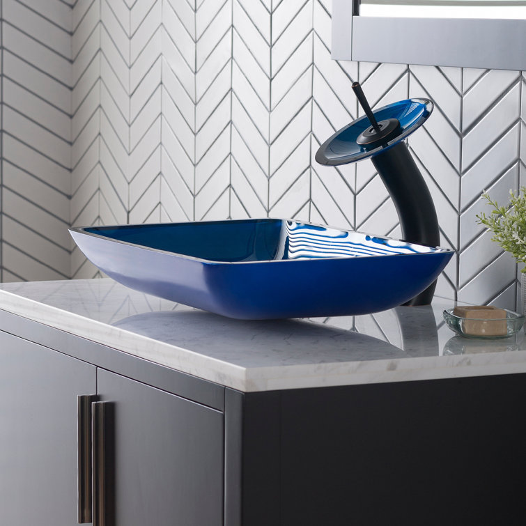Fire Blue Rectangular Glass Vessel Sink with Waterfall Faucet