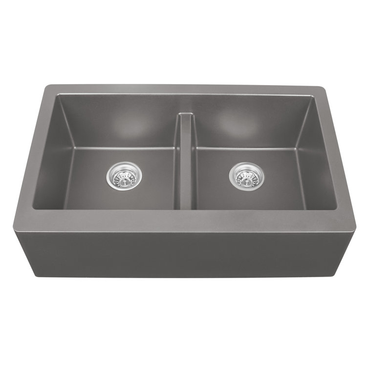 Concrete Quartz Composite Farmhouse Apron Front Double Bowl Kitchen Sink